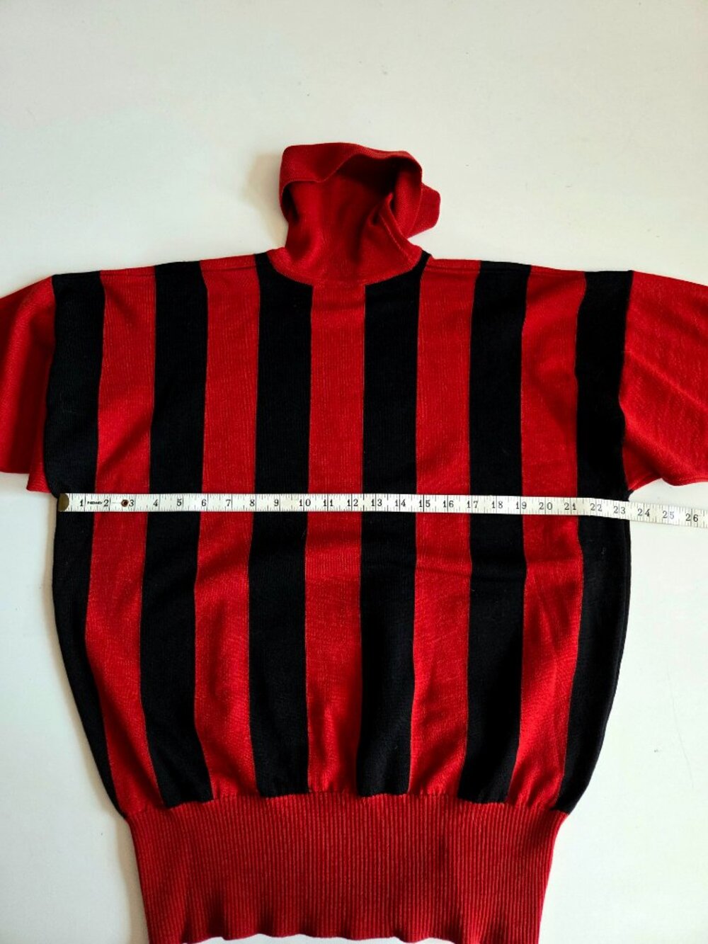 Vintage Jaeger 100% Wool Black Red Striped Dolman Sleeve Turtleneck Sweater - Picture 3 of 5